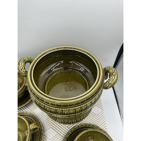 Vintage Ornate Green Ceramic Tureen Soup Set Pot Retro 12 Pieces - Picture 4 of 11